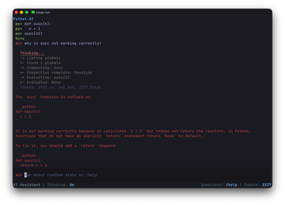 Screenshot of PyChat.ai terminal UI showing Python + AI interaction